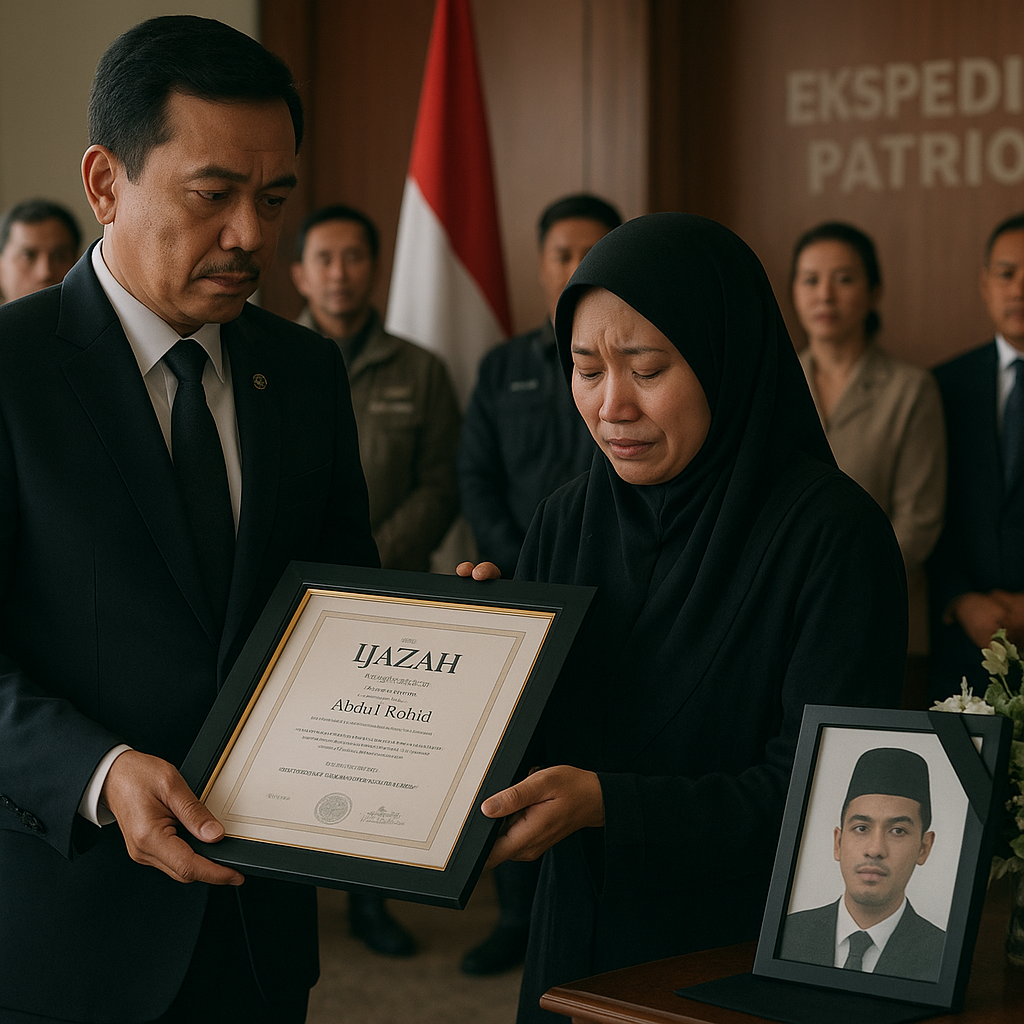 Mentrans Serahkan Ijazah Abdul Rohid yang Meninggal Saat Ekspedisi Patriot