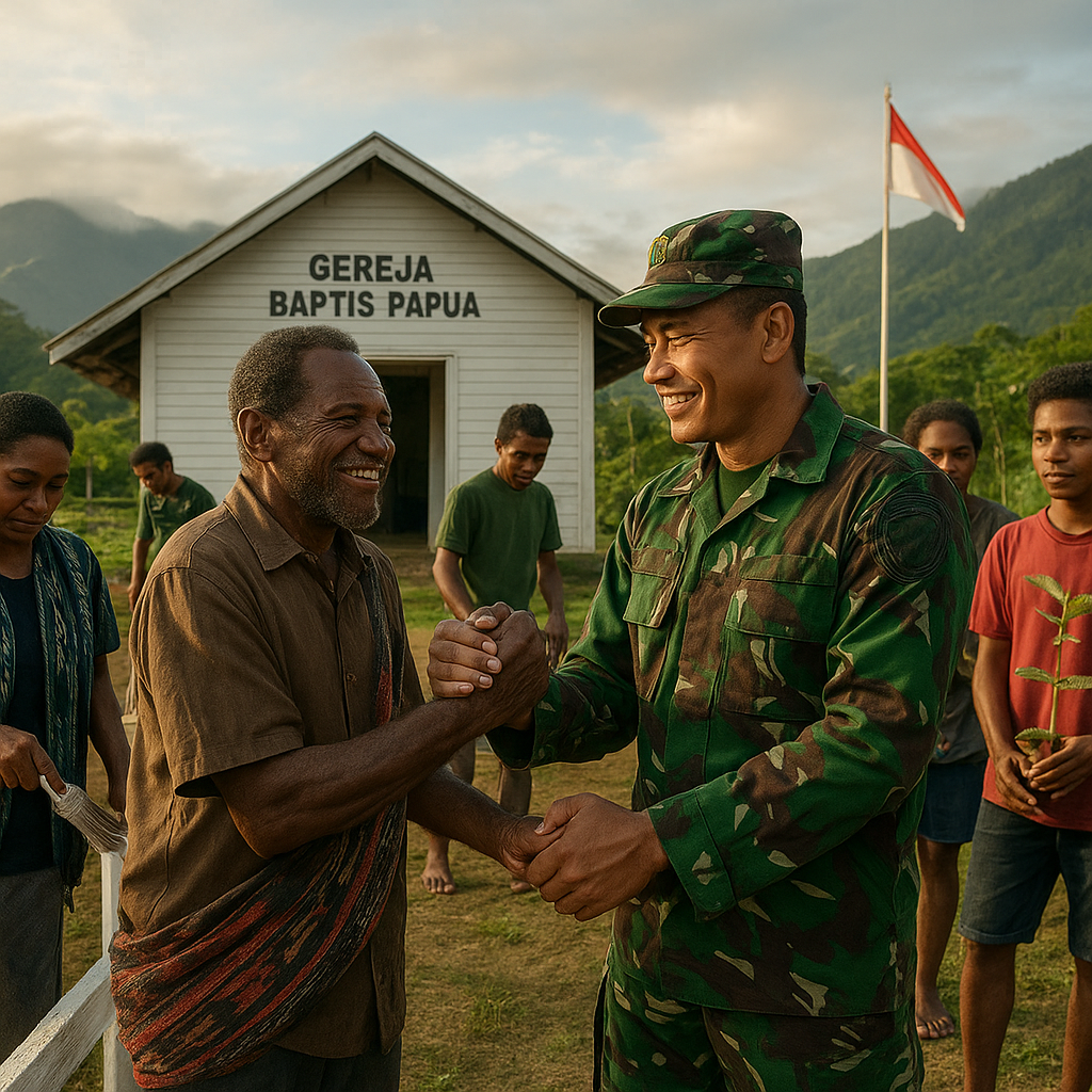 Bersatu di Bawah Langit Pegunungan Papua: TNI dan Warga Gotong Royong di Halaman Gereja