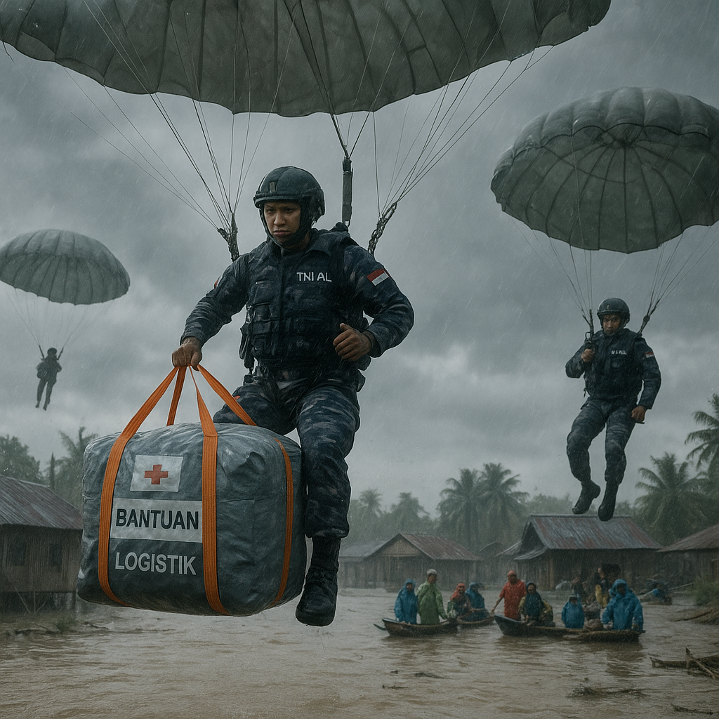 Prajurit TNI AL Divisi Paskhasra Evakuasi Warga Terisolasi Banjir di Sulsel dengan Terjun Payung Logistik, Operasi Kemanusiaan di Tengah Badai