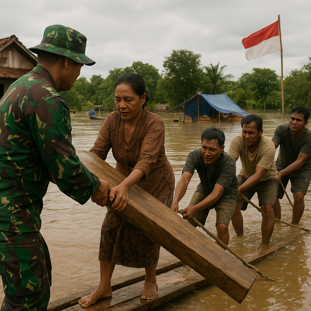 Warga dan TNI Bersama-sama Membangun Jembatan Darurat di Desa Terisolasi Banjir Kalimantan
