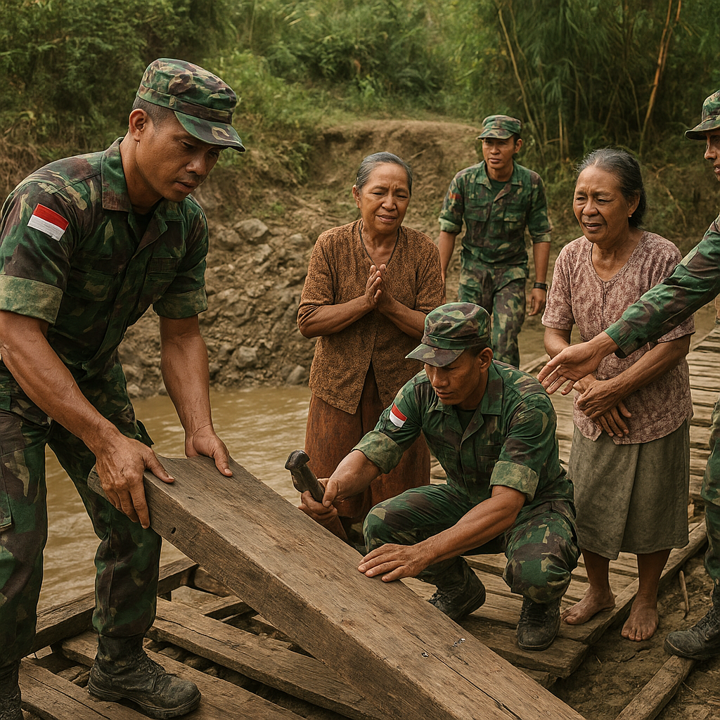 Prajurit TNI Bantu Perbaiki Jembatan Putus di Daerah Terpencil, Warga Terharu