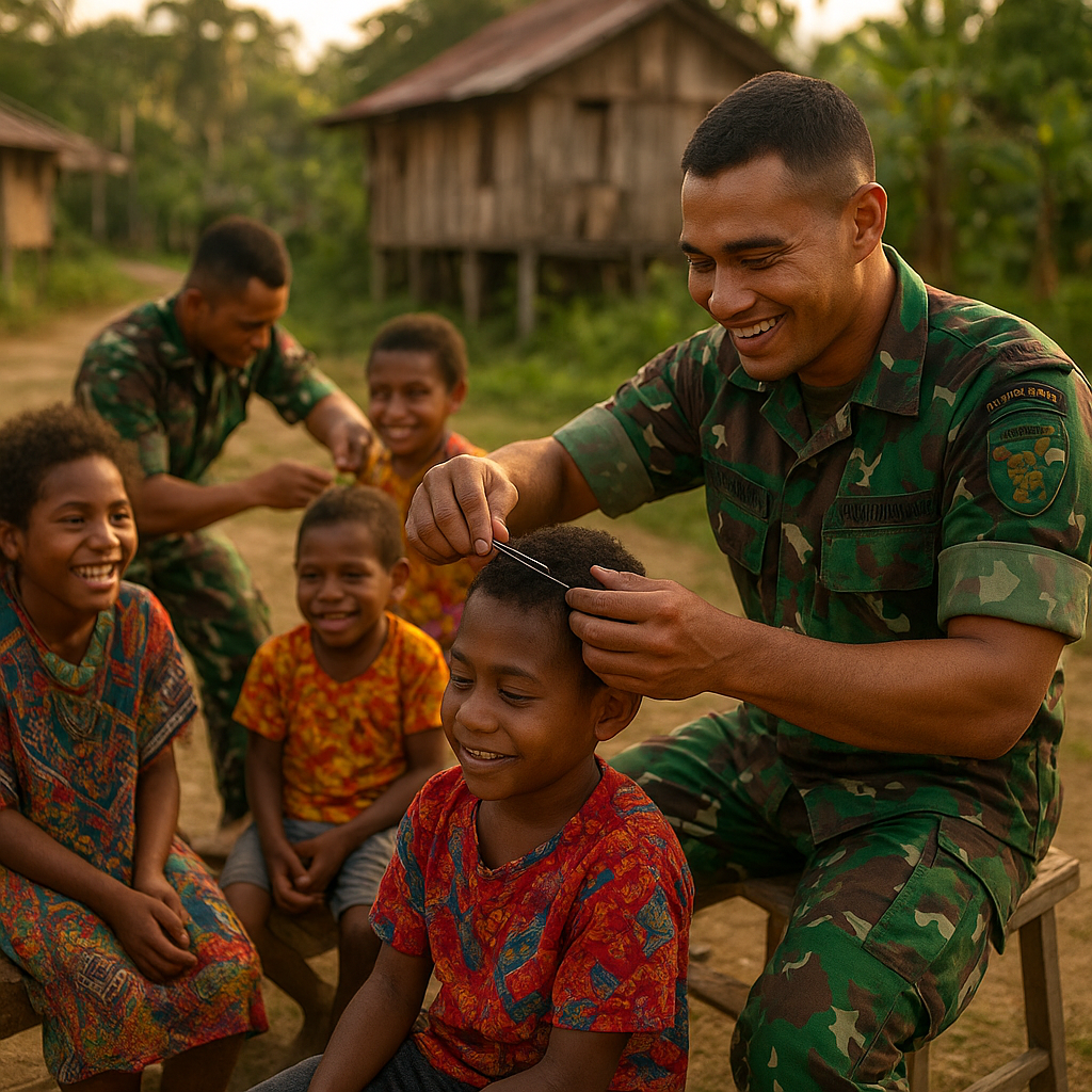 Sentuhan Humanis TNI di Tanah Papua: Satgas Yonif 123/Rajawali Pangkas Rambut Anak-Anak, Hadirkan Keceriaan di Perbatasan