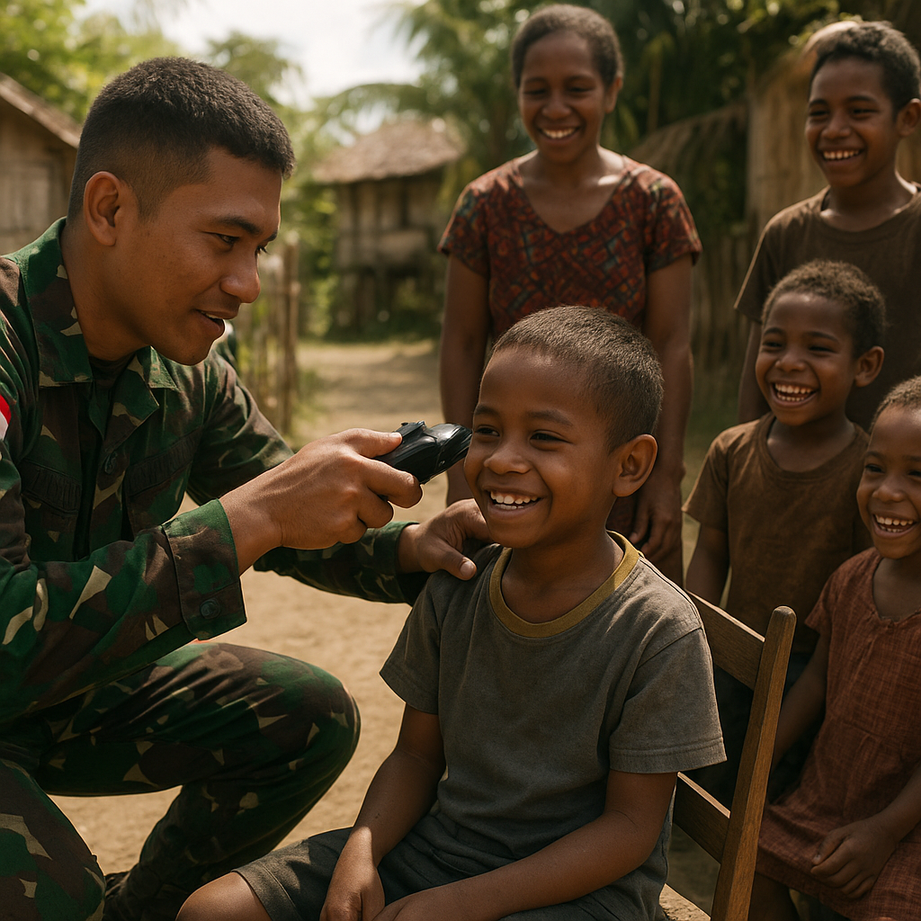 Sentuhan Humanis TNI di Tanah Papua: Satgas Yonif 123/Rajawali Pangkas Rambut Anak-Anak, Hadirkan Keceriaan di Perbatasan