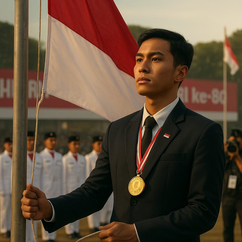 Upacara HUT RI ke-80, Pemuda Peraih Medali Olimpiade Sains Kibarkan Bendera Merah Putih