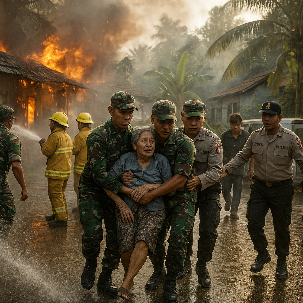 Satu Pleton Prajurit TNI Bergerak Cepat Padamkan Api dan Selamatkan Warga di Tanggamus