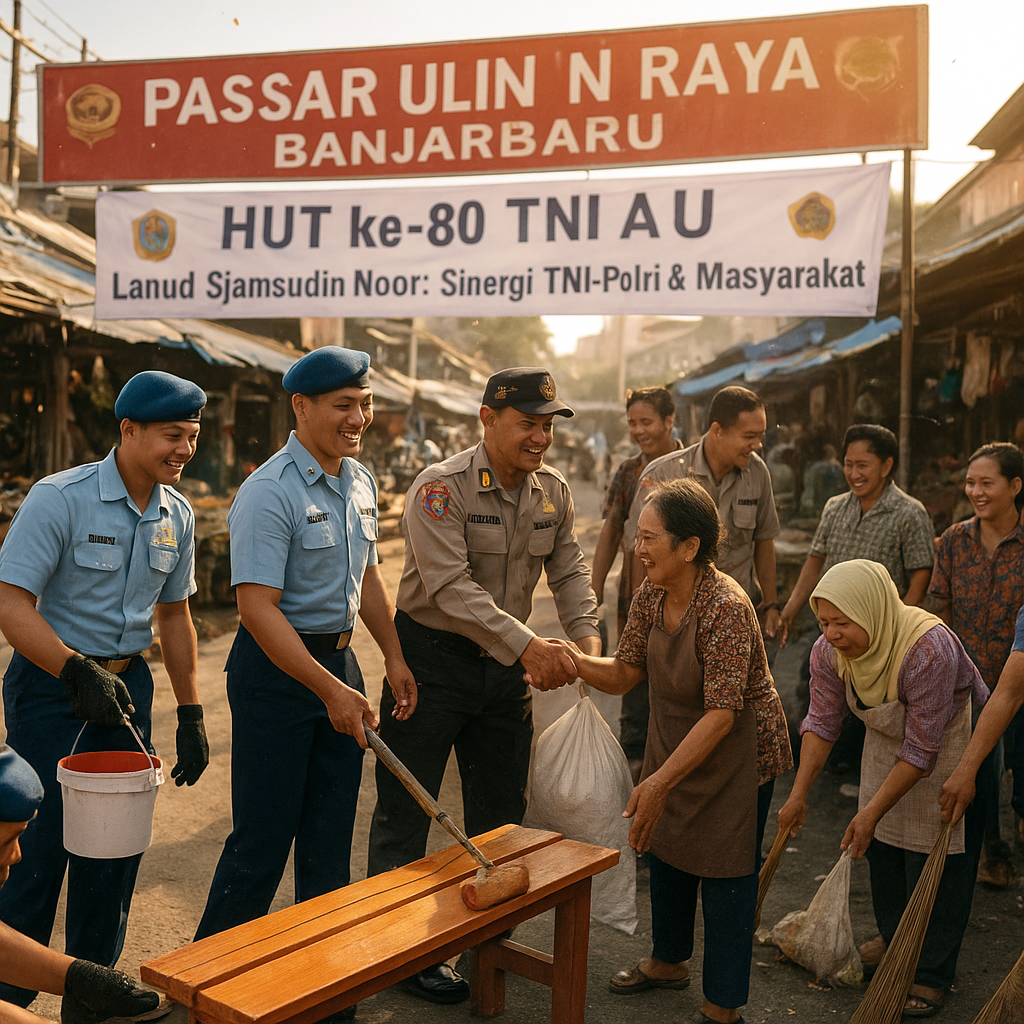 Sinergi TNI-Polri dan Masyarakat Peringati HUT ke-80 TNI AU, Lanud Sjamsudin Noor Gelar Karya Bakti di Pasar Ulin Raya Banjarbaru