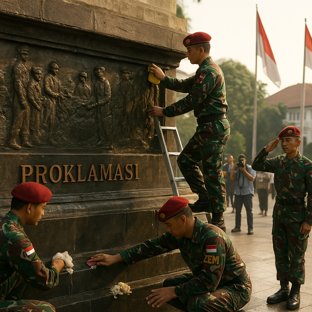 Napak Tilas Perjuangan: Zeni TNI AD Bersih-Bersih Tugu Proklamasi Jelang HUT RI