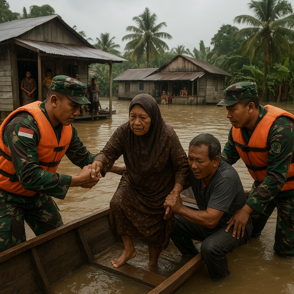 Prajurit TNI Bantu Warga Terdampak Banjir di Kalimantan, Bukti Dharma Bakti Nyata