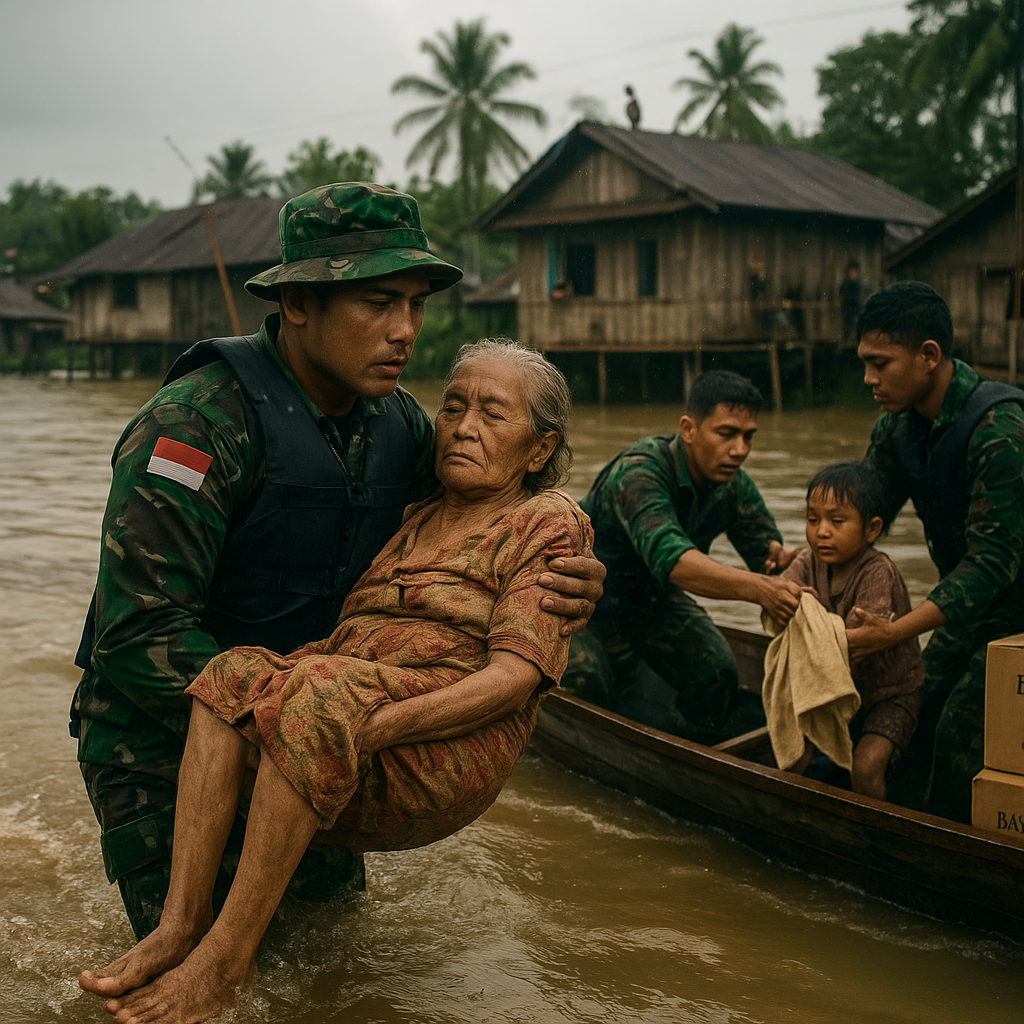 Prajurit TNI Bantu Warga Terdampak Banjir di Kalimantan, Evakuasi Tanpa Kenal Lelah