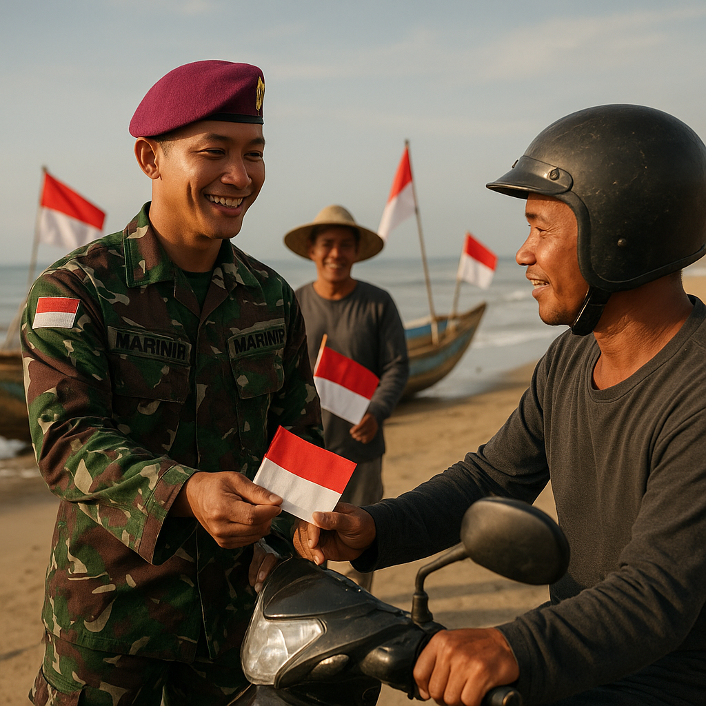 Semangat Merah Putih Berkibar di Pesisir! Prajurit Marinir Bagikan Bendera ke Pengendara dan Nelayan