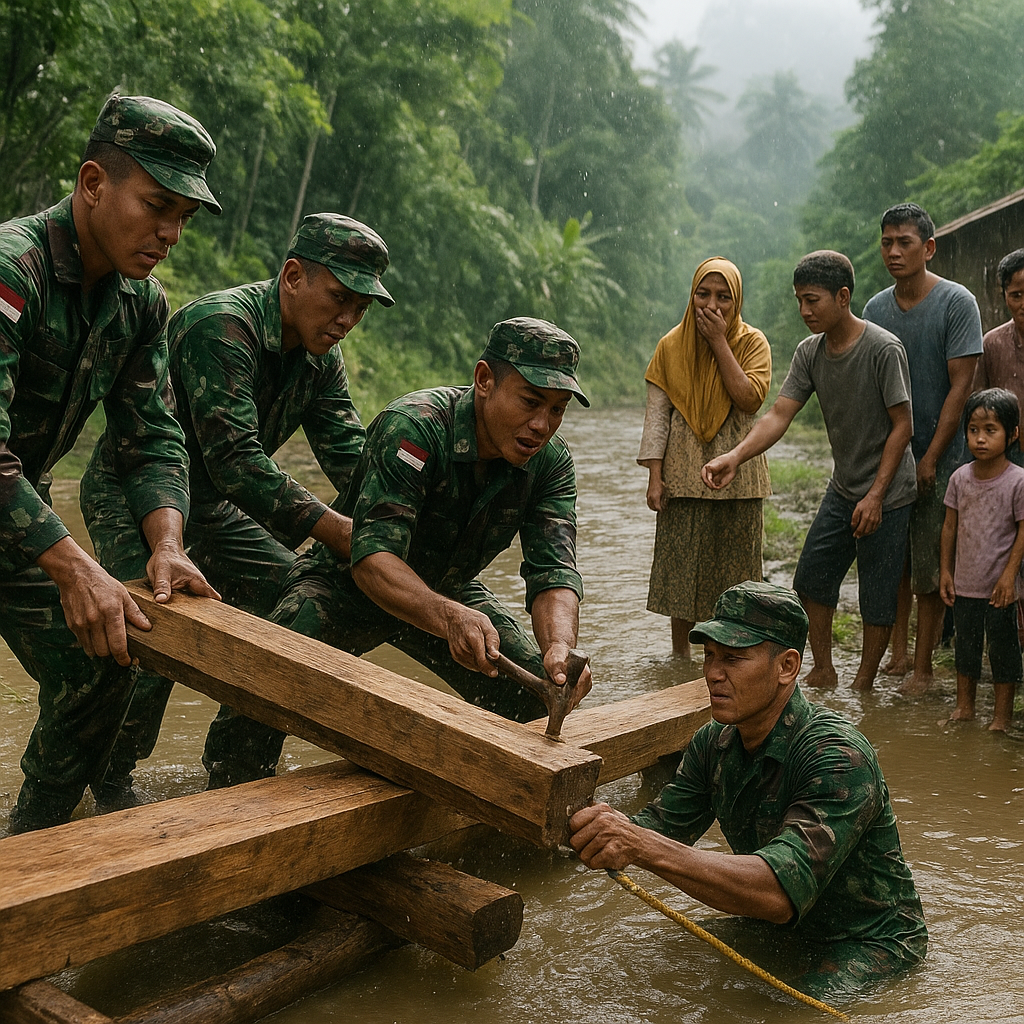 Prajurit TNI Bangun Jembatan Darurat di Pedalaman Aceh, Warga Terharu