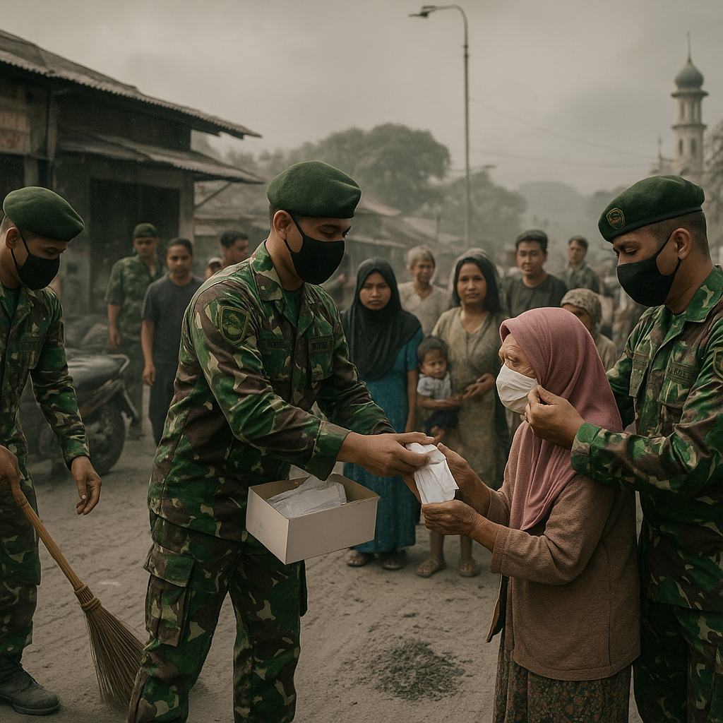 Gotong Royong Prajurit: Korem 043/Gatam Turun ke Jalan Antisipasi Abu Vulkanik Anak Krakatau