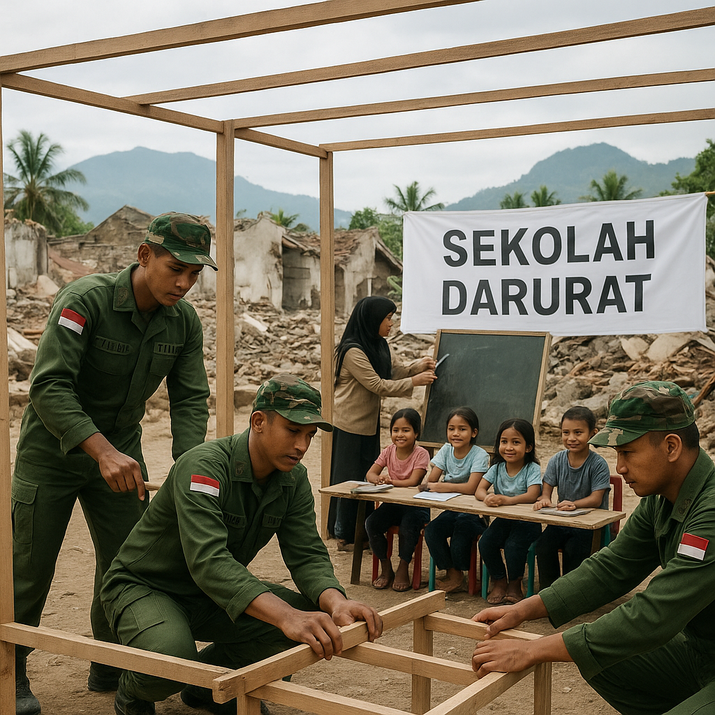 Prajurit TNI AD Bangun Sekolah Darurat untuk Korban Gempa Sumatera Barat