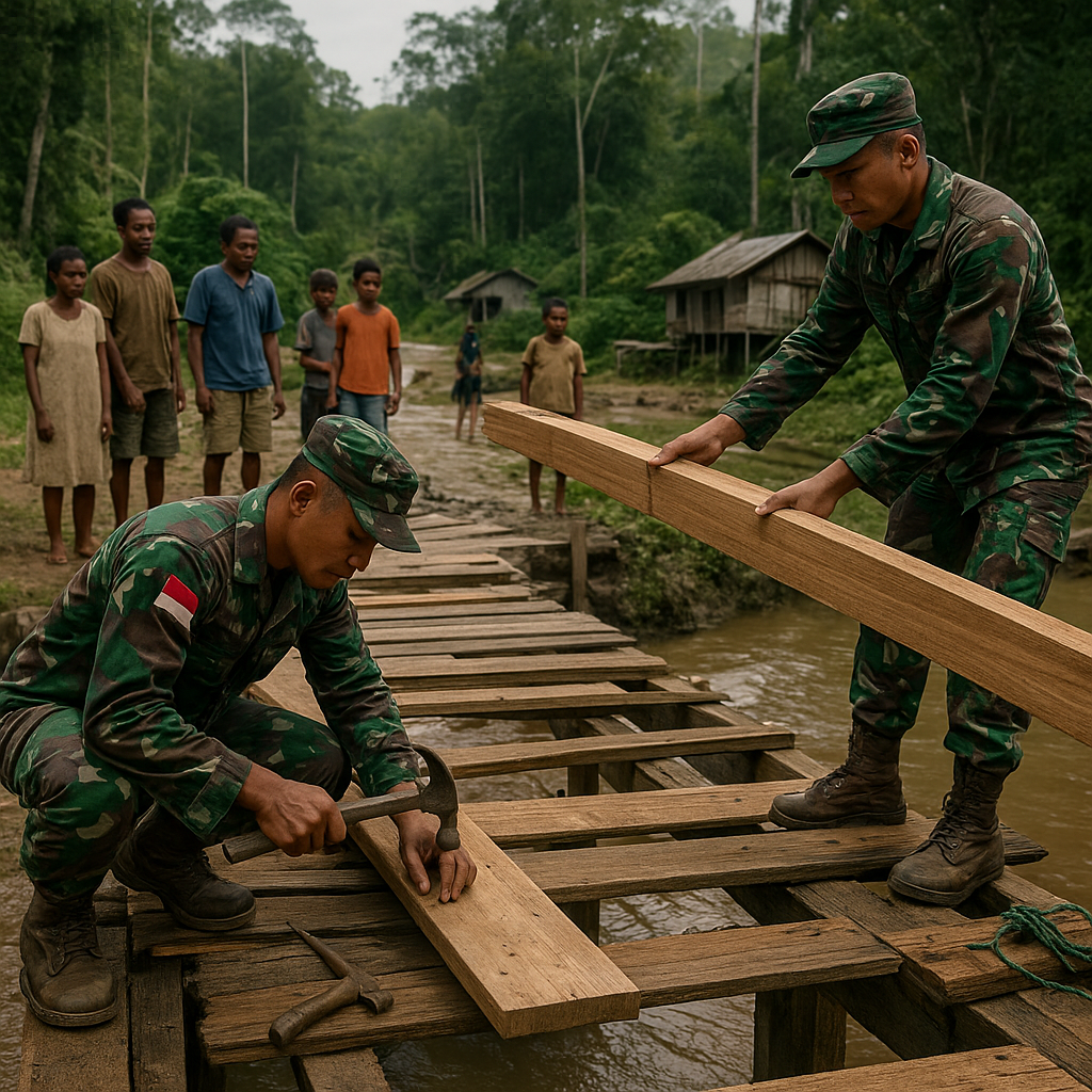 Jejak Pengabdian: Prajurit TNI AD Bantu Perbaiki Jembatan Rusak di Pedalaman Papua