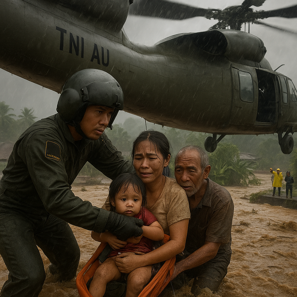 Prajurit TNI AU Selamatkan Warga Terjebak Banjir Bandang di Sukabumi, Evakuasi dengan Helikopter