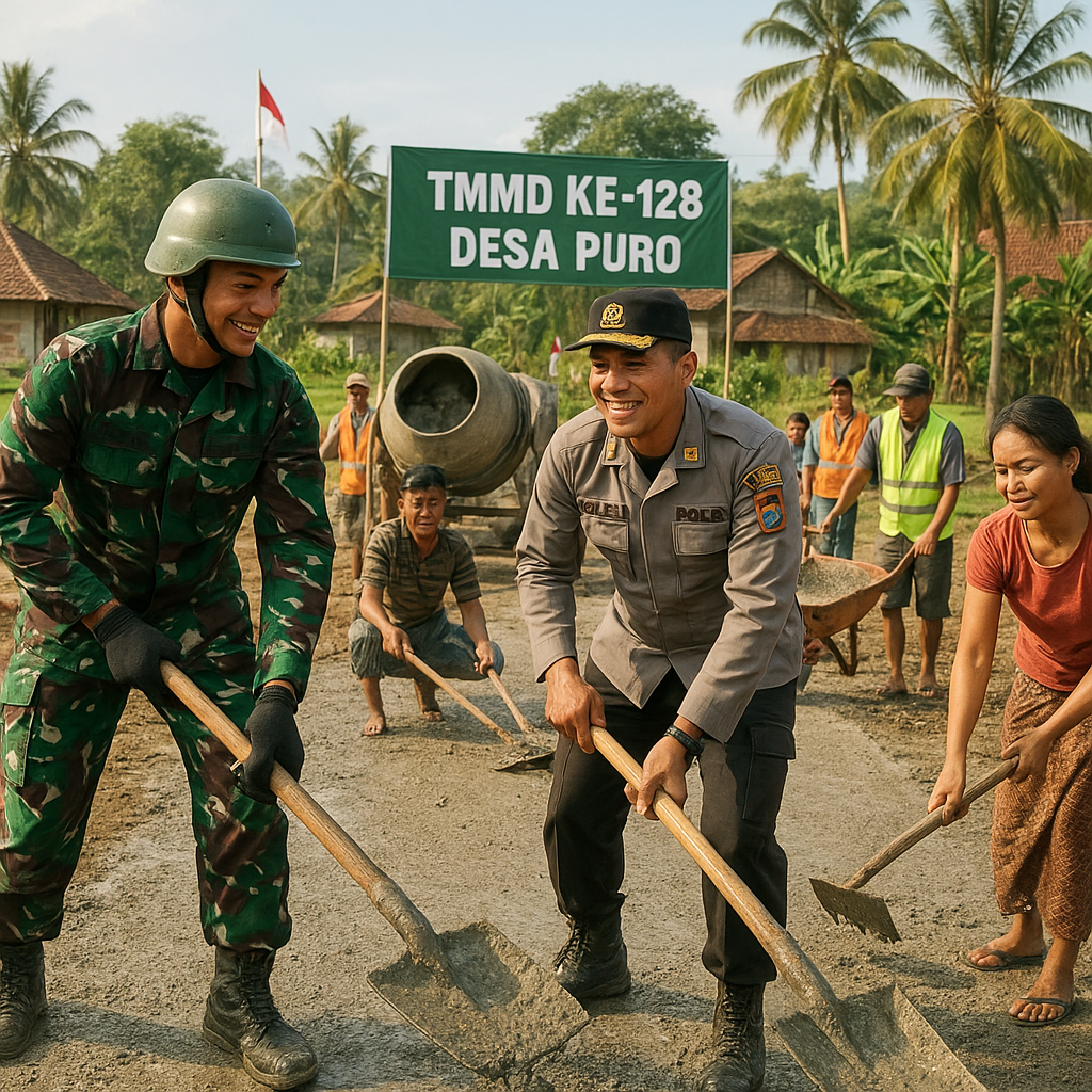 Kebersamaan TNI-Polri dan Warga Percepat Pengecoran Jalan TMMD di Desa Puro