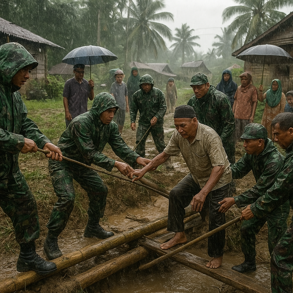 Bukan Tugas Resmi, Tapi 15 Prajurit Ini Rela Hujan-Hujanan Demi Satu Desa di Langkat