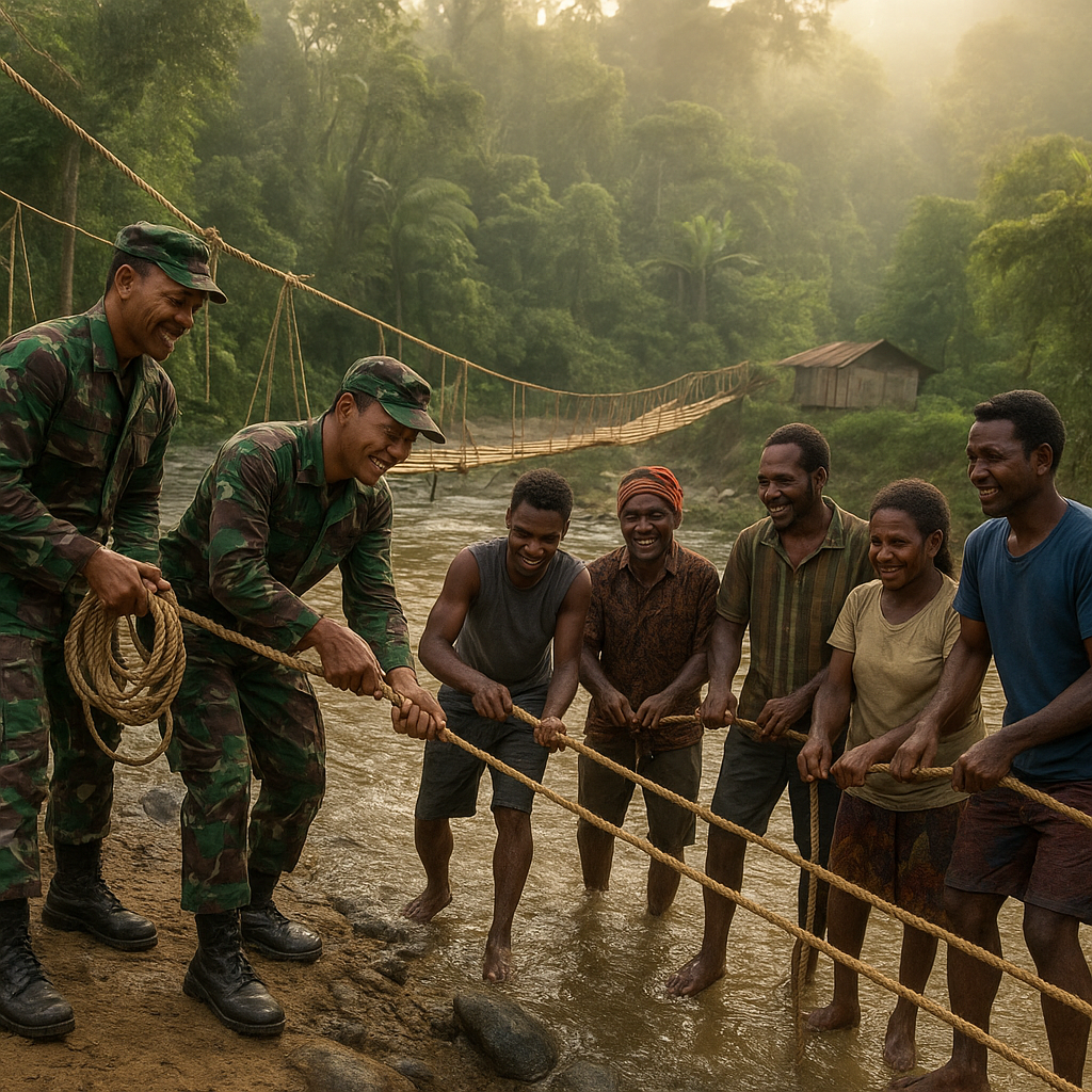 Prajurit TNI Bersinergi Dengan Masyarakat Perbatasan, Bangun Jembatan Tali di Papua