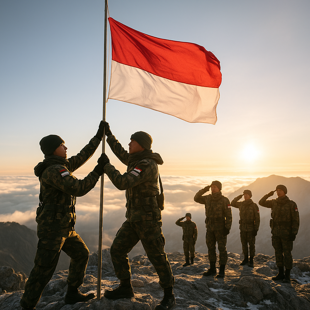 Upacara Penaikan Bendera di Puncak Jayawijaya oleh Satgas Yonif 725