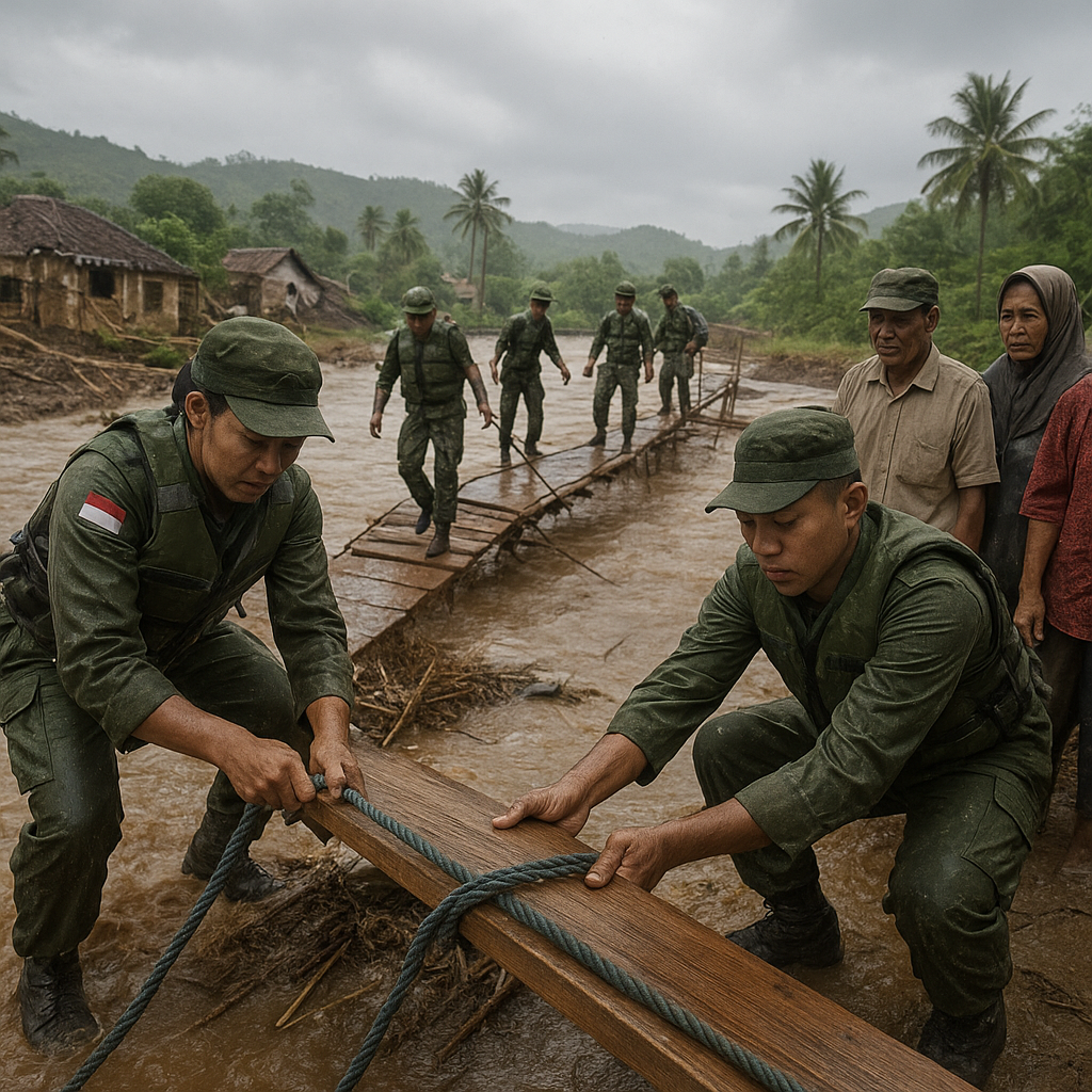 Prajurit TNI Bantu Bangun Jembatan Darurat di Lokasi Bencana Banjir Bandang NTT