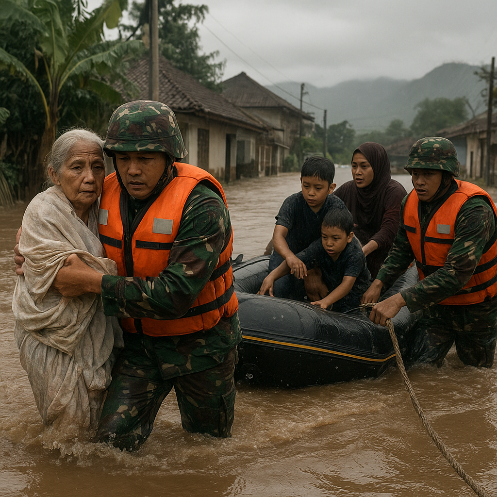 Prajurit TNI Bantu Warga Terdampak Banjir di Garut, Evakuasi dengan Kondisi Berbahaya