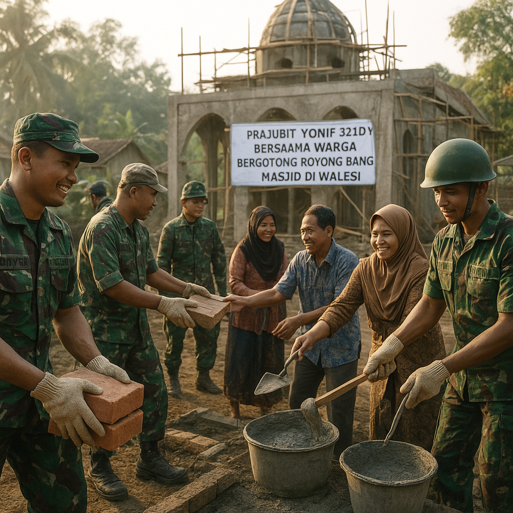 Prajurit Yonif 521/DY bersama warga bergotong royong bangun masjid di Walesi