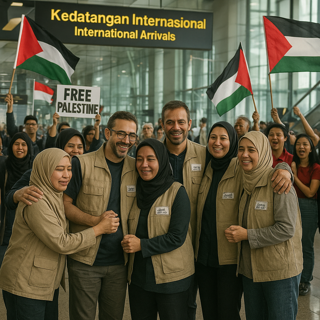 Pejuang Kemanusiaan Disambut di Bandara: Teriakan 'Free Palestine' dan Bendera Palestina Berkibar