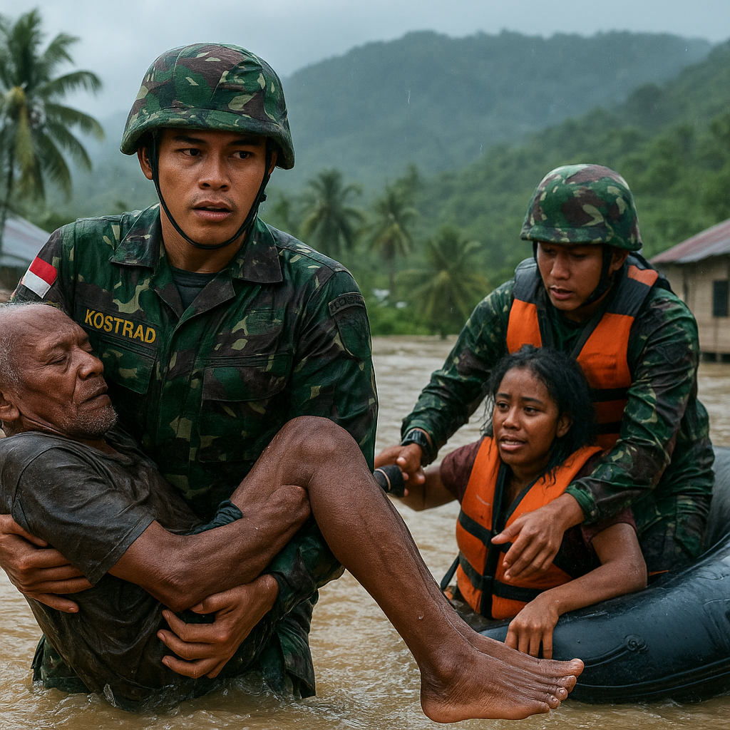 Prajurit Satgas Yonif 321 Kostrad Kembali Selamatkan Dua Warga Sipil Terjebak Banjir di Papua