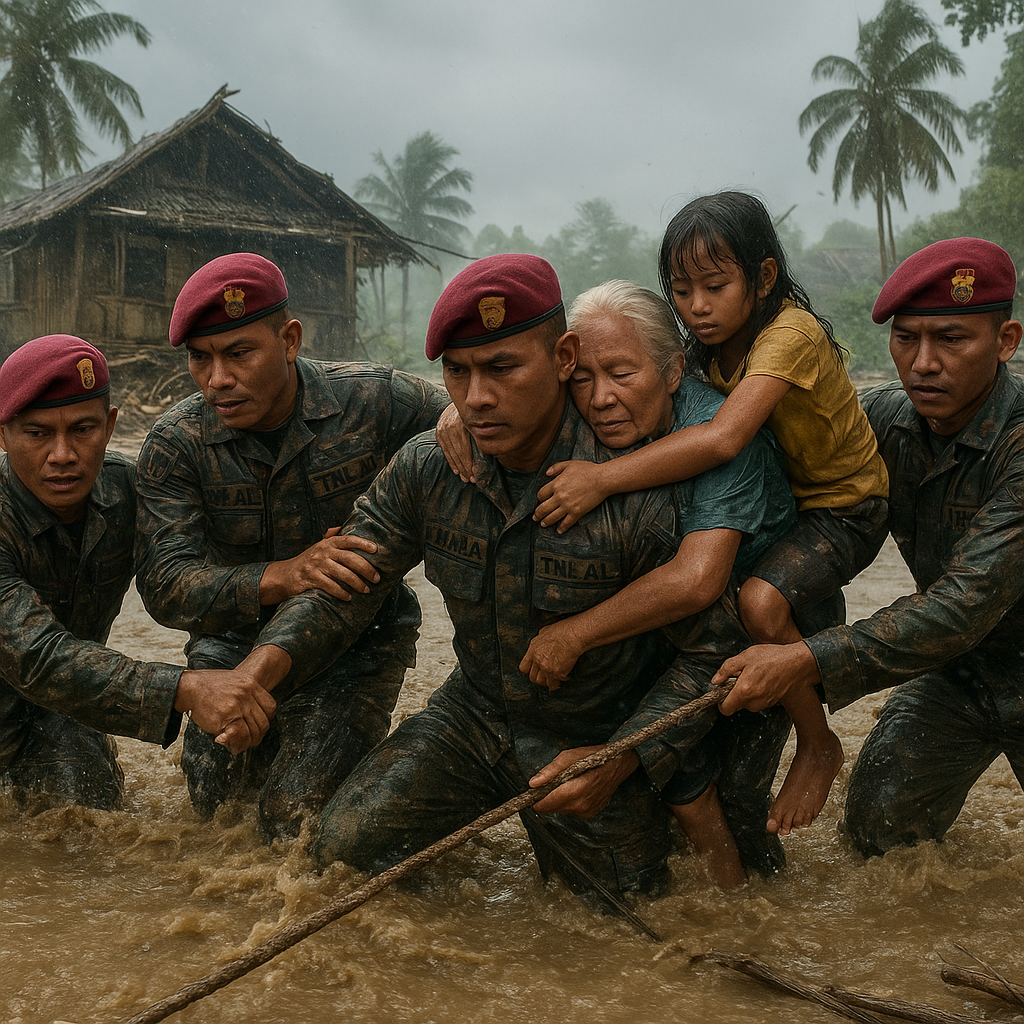 Prajurit TNI Korps Marinir Bertarung Nyawa, Selamatkan Warga dari Banjir Bandang di Nias